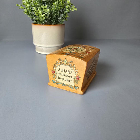 Spardose aus Holz, Allianz versichert dein Leben, 1970er