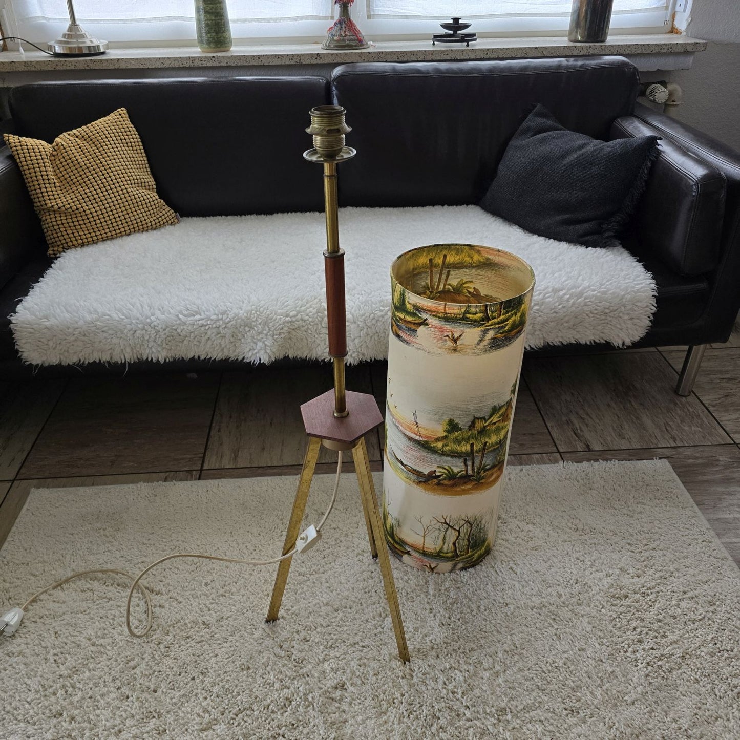 Mid Century Tripod Stehleuchte - 50er 60er Jahre - Teak - Messing - Floor Lamp