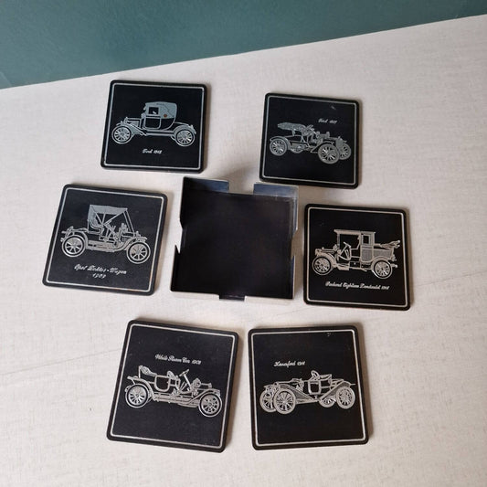 Untersetzer Set - 70s - im Ständer aus Chrom - Oldtimer - schwarz - silber