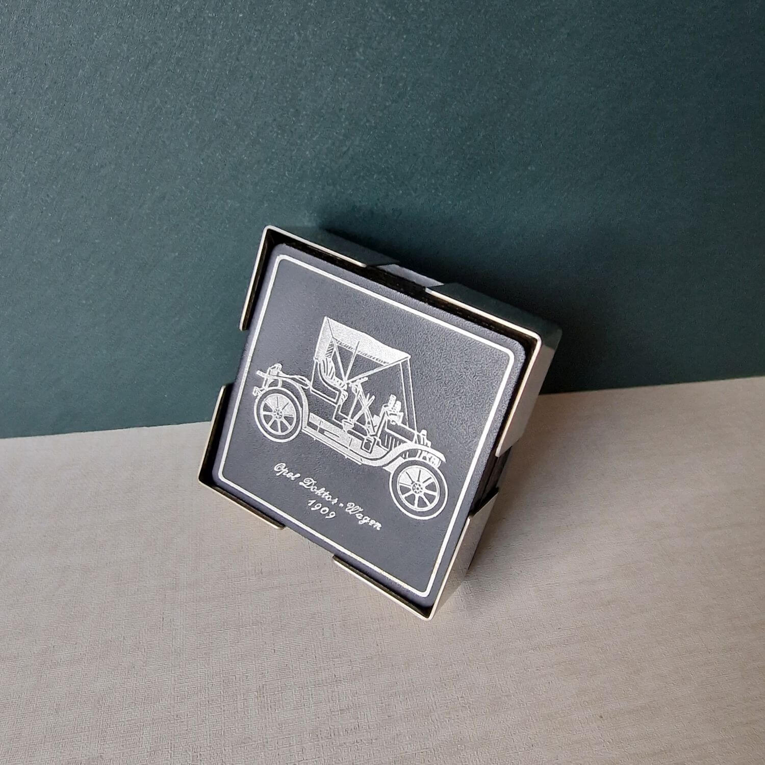 Untersetzer Set - 70s - im Ständer aus Chrom - Oldtimer - schwarz - silber