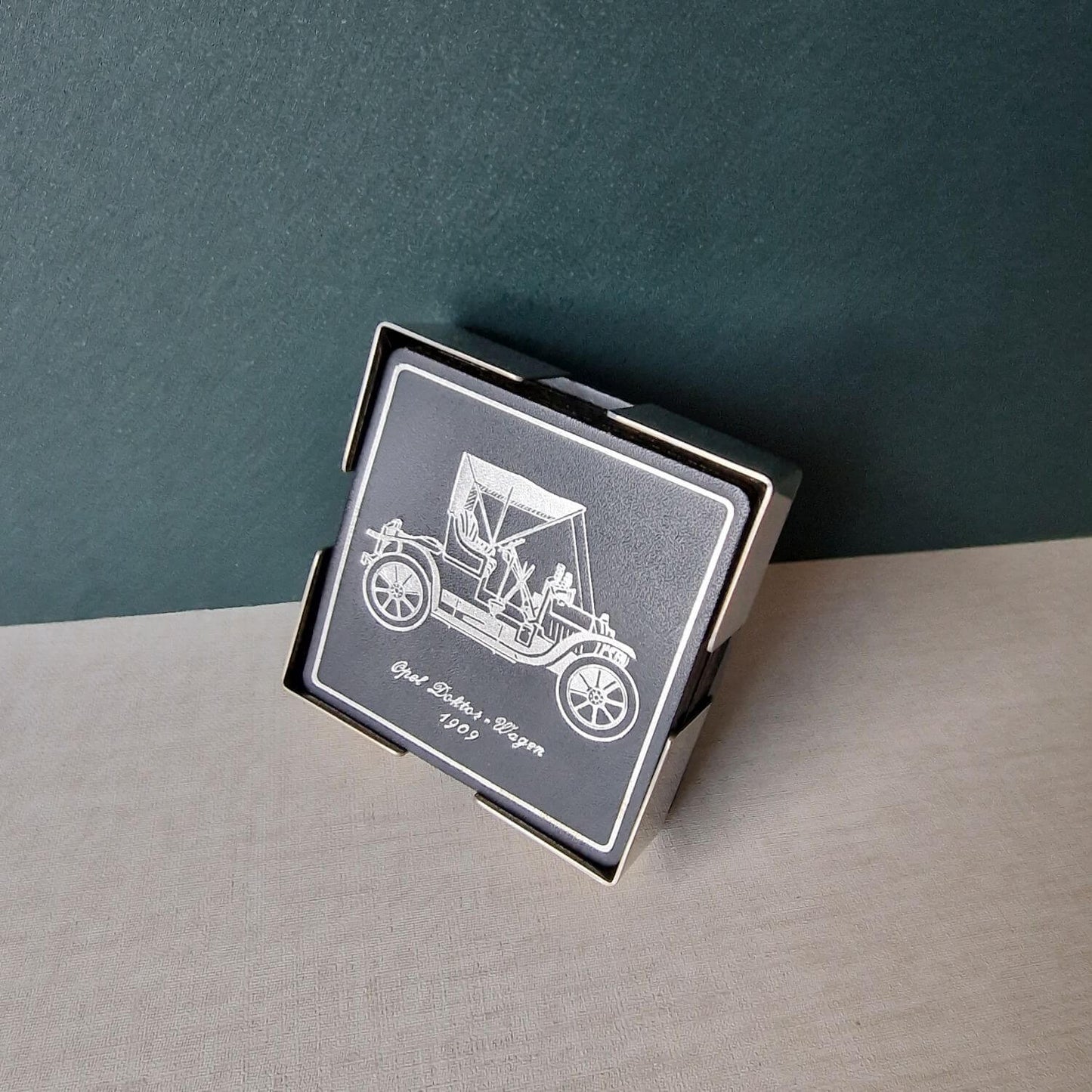 Untersetzer Set - 70s - im Ständer aus Chrom - Oldtimer - schwarz - silber