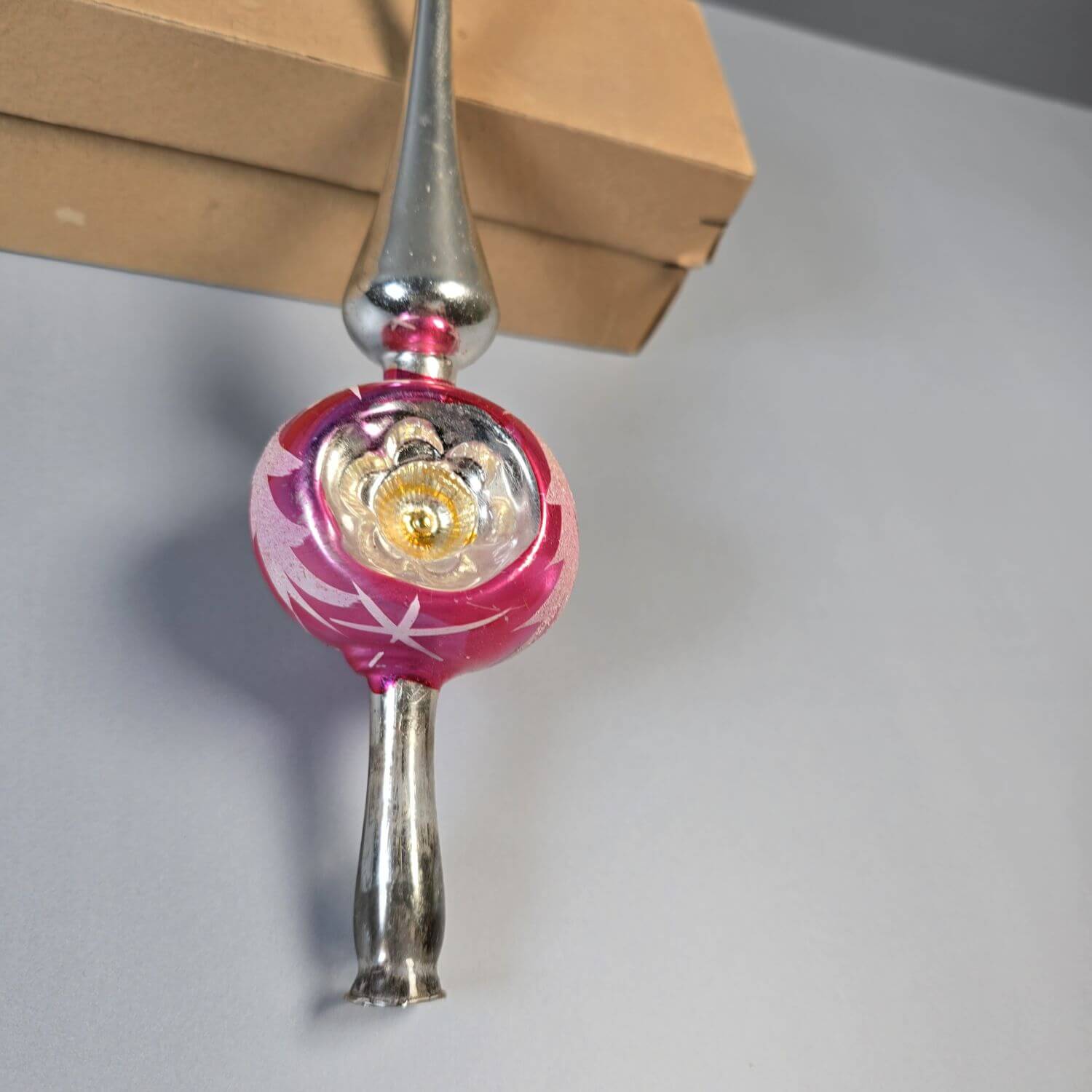 Vintage Christbaumspitze Glas 1950er – 28 cm Silber/Pink