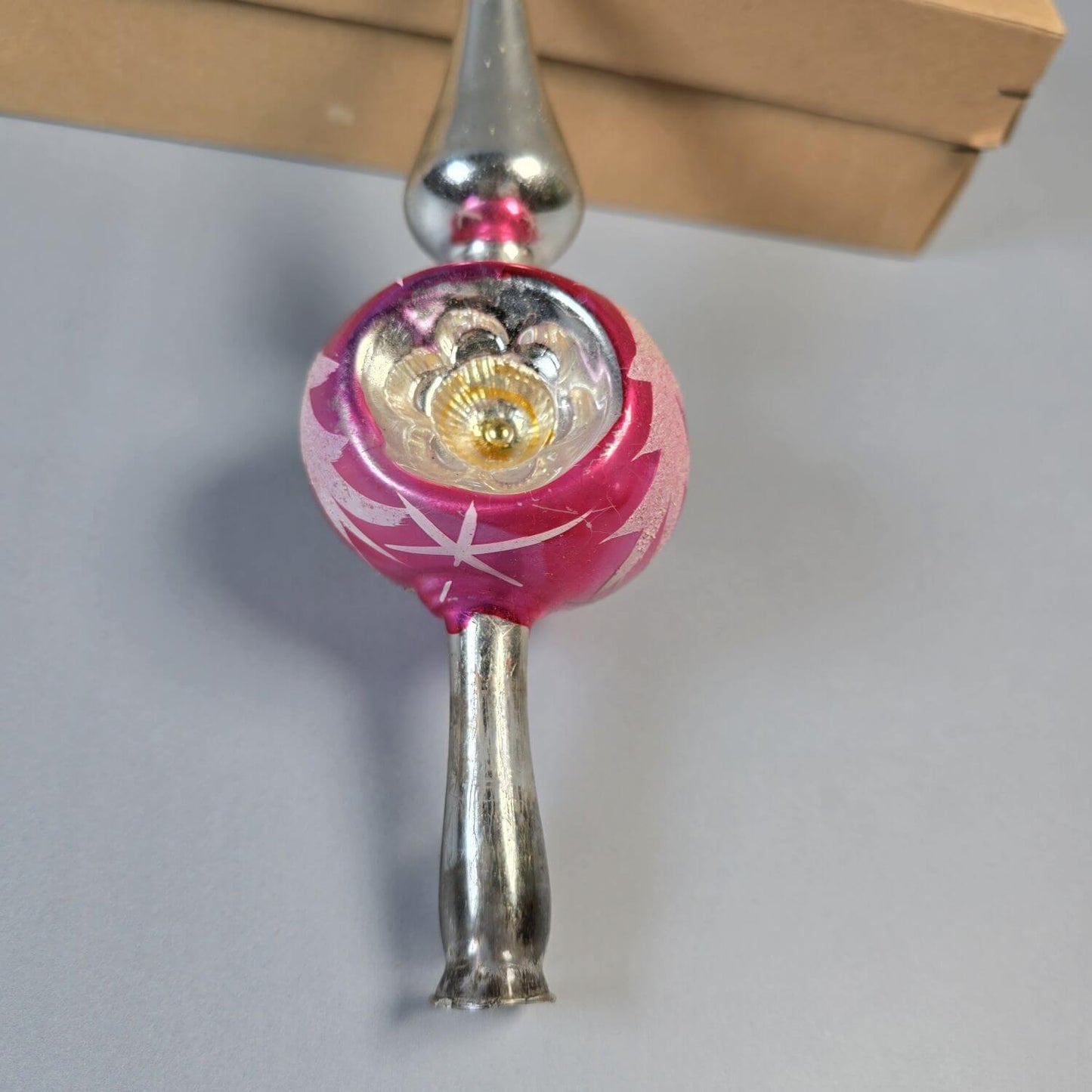 Vintage Christbaumspitze Glas 1950er – 28 cm Silber/Pink