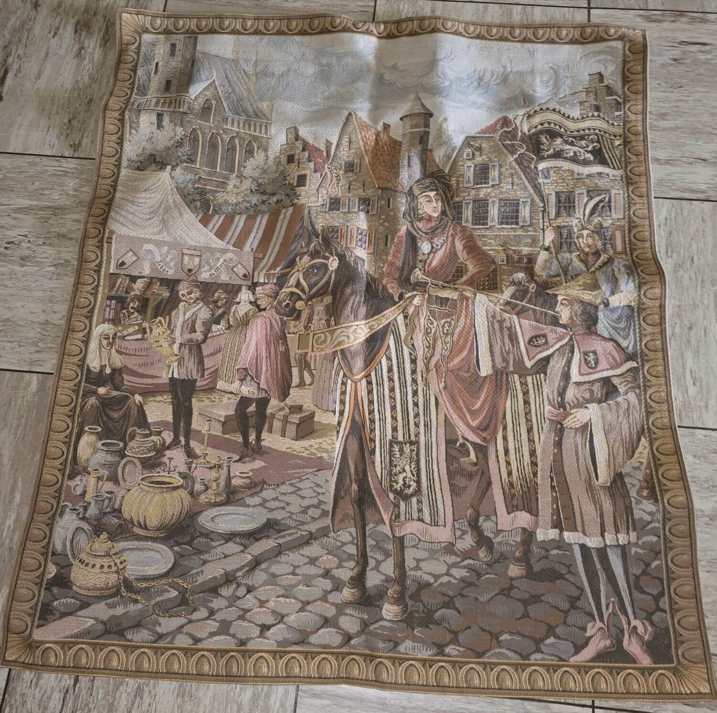 Vintage Wandteppich - Tappisserie - Alter Wandbehang - Marktszene
