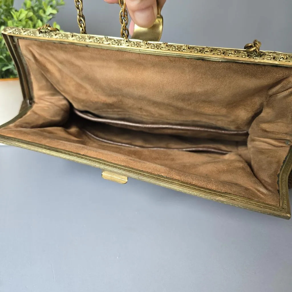 Sehr große Vintage Gobelin Handtasche - Braun mit Blüten - Messingrahmen und Kette