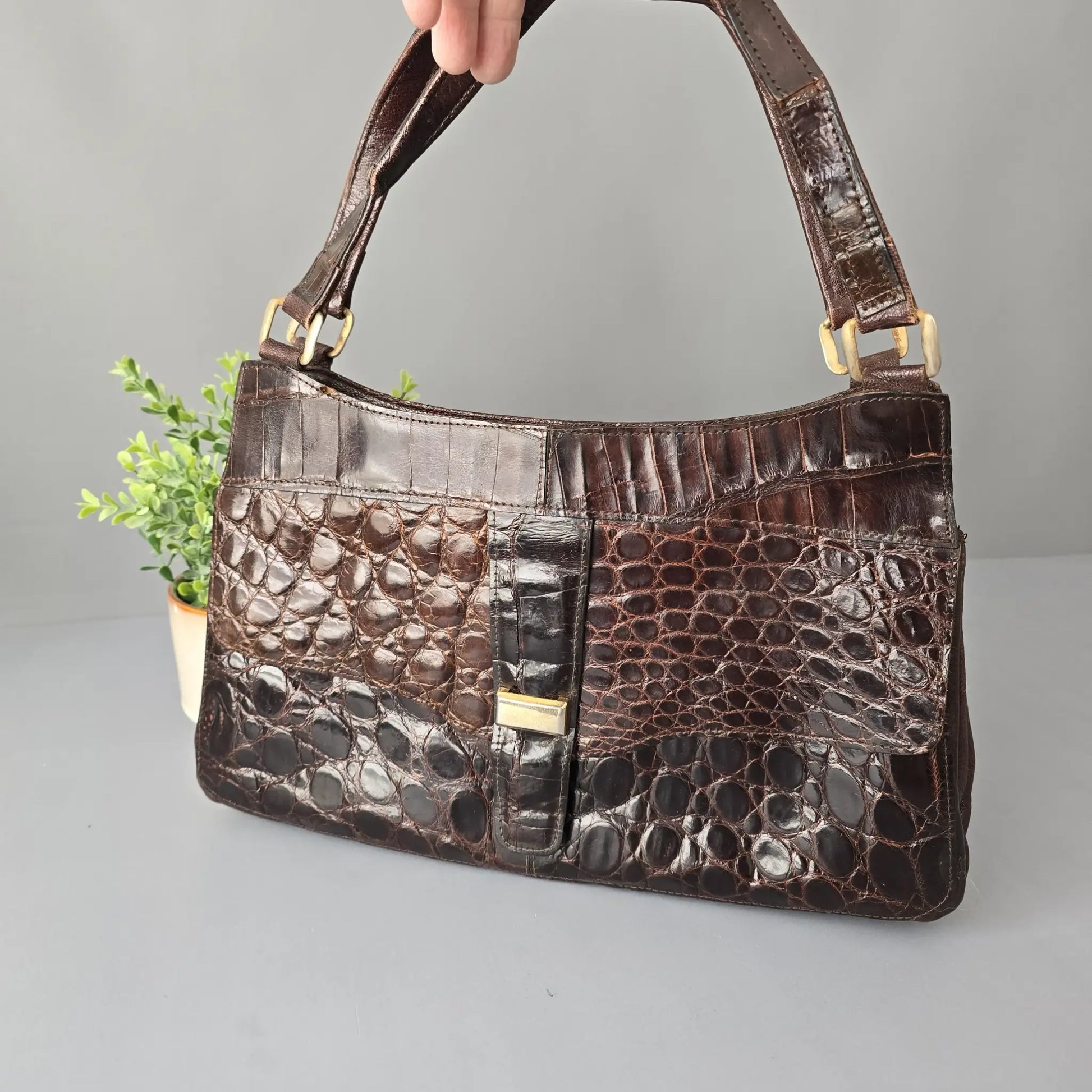 Handtasche - Echtleder in Kroko Optik - Braun
